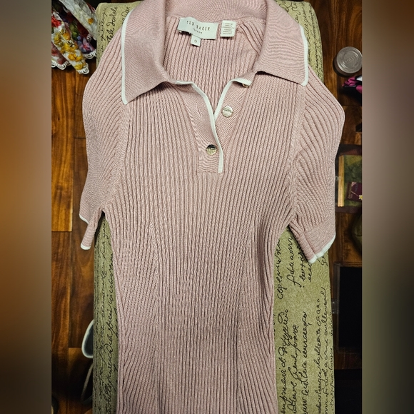 Ted Baker Size 0 Contrast-trim Knitted Polo Shirt In Dusky Pink - Picture 2 of 4